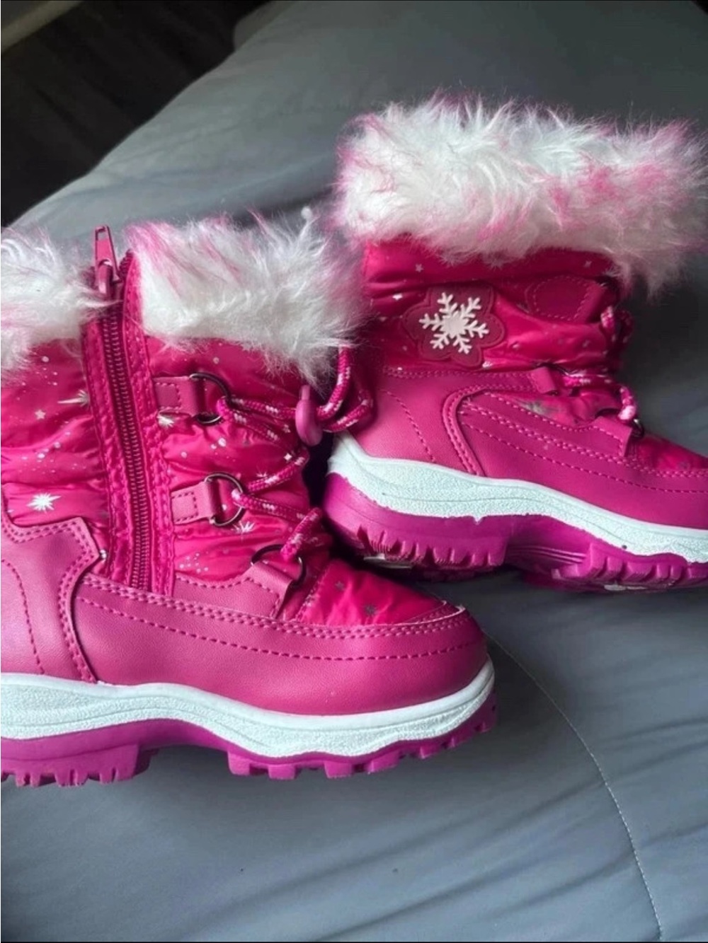 Kids Waterproof Pink Winter Snow Boots with Faux Fur Trim